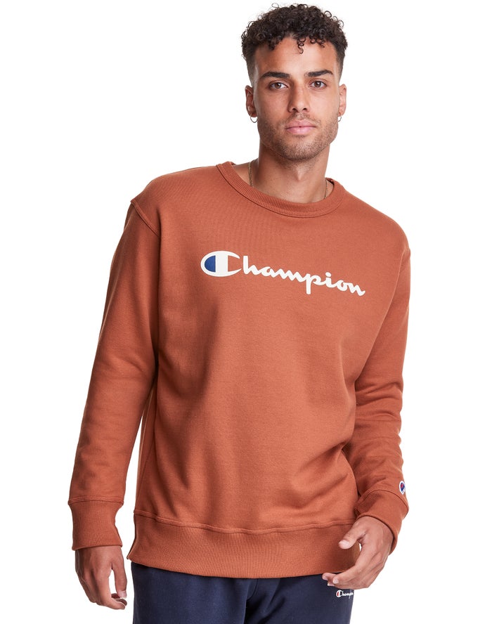 Champion Mens Sweatshirt NZ - Powerblend Fleece Crew Script Logo Brown ( 0854-OBZYW )